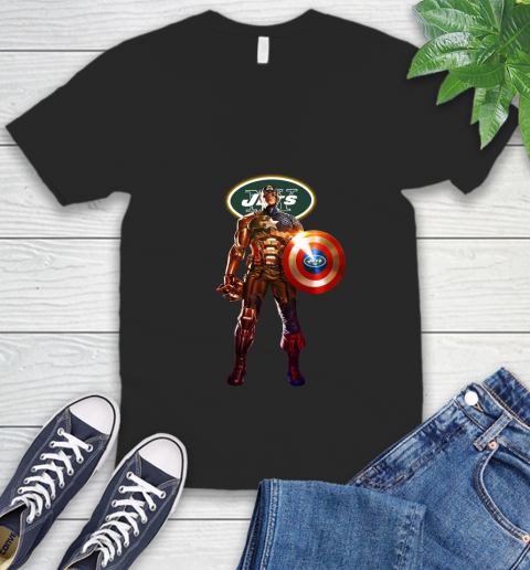 NFL Captain America Marvel Avengers Endgame Football Sports New York Jets V-Neck T-Shirt 2