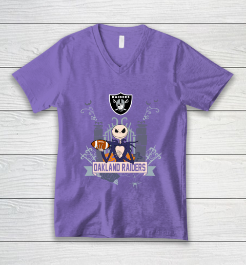 NFL Oakland Raiders Football Jack Skellington Halloween V-Neck T-Shirt 8