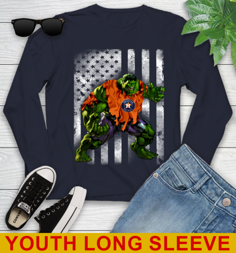 Houston Astros Hulk Marvel Avengers MLB Baseball American Flag Youth Long Sleeve - Image 3