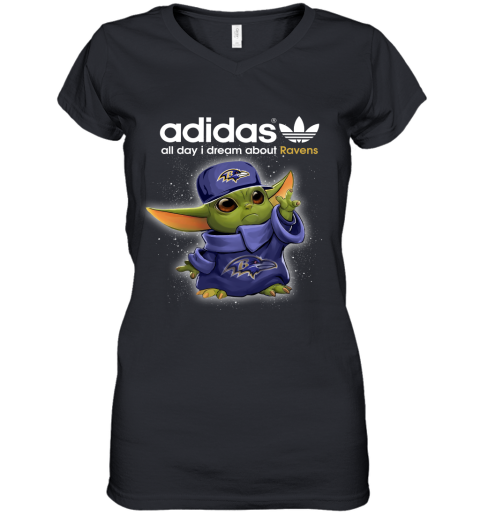 Baby Yoda Adidas All Day I Dream About Baltimore Ravens Women's V-Neck T-Shirt