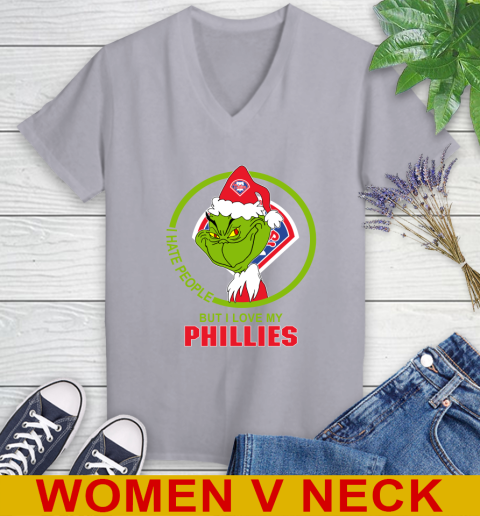 Philadelphia Phillies MLB Christmas Grinch I Hate People But I Love My Favorite Baseball Team Women's V-Neck T-Shirt 5