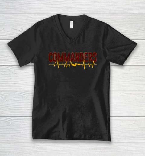 Vintage Commanders' Heart Beat Distressed Sports Spirit V-Neck T-Shirt