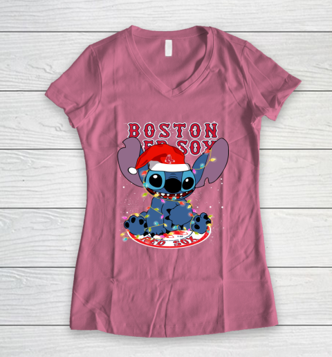 Boston Red Sox MLB noel stitch Baseball Christmas Women's V-Neck T-Shirt 7