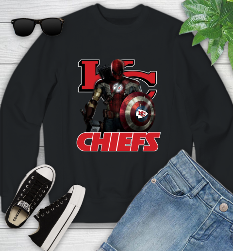 NFL Captain America Thor Spider Man Hawkeye Avengers Endgame Football Kansas City Chiefs Youth Sweatshirt 2