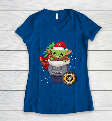 Pittsburgh Penguins Christmas Baby Yoda Star Wars Funny Happy NHL Women's V-Neck T-Shirt 9