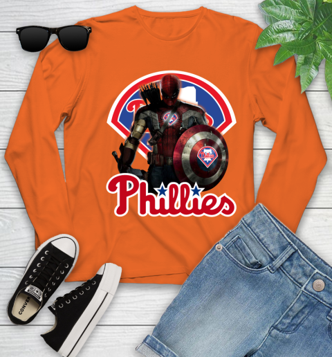 MLB Captain America Thor Spider Man Hawkeye Avengers Endgame Baseball Philadelphia Phillies Youth Long Sleeve 4