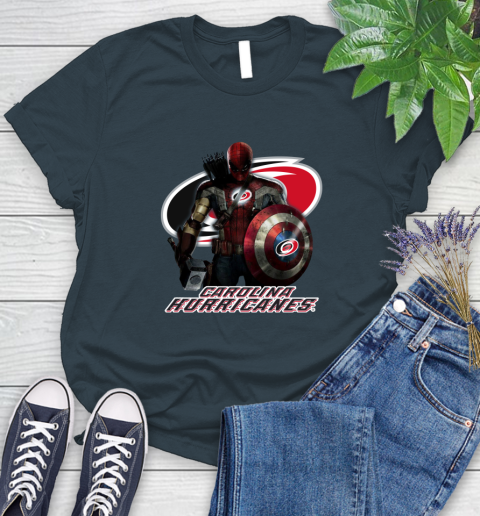 NHL Captain America Thor Spider Man Hawkeye Avengers Endgame Hockey Carolina Hurricanes Women's T-Shirt 8