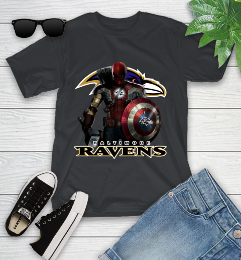 NFL Captain America Thor Spider Man Hawkeye Avengers Endgame Football Baltimore Ravens Youth T-Shirt 2