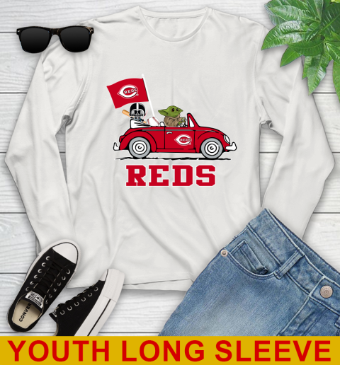 MLB Baseball Cincinnati Reds Darth Vader Baby Yoda Driving Star Wars Shirt Youth Long Sleeve 12