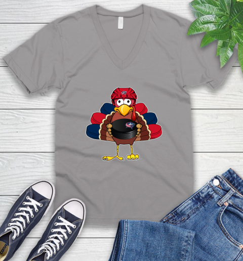 Columbus Blue Jackets Turkey Thanksgiving Day V-Neck T-Shirt 4