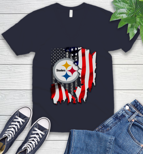 Pittsburgh Steelers NFL Football American Flag V-Neck T-Shirt 2