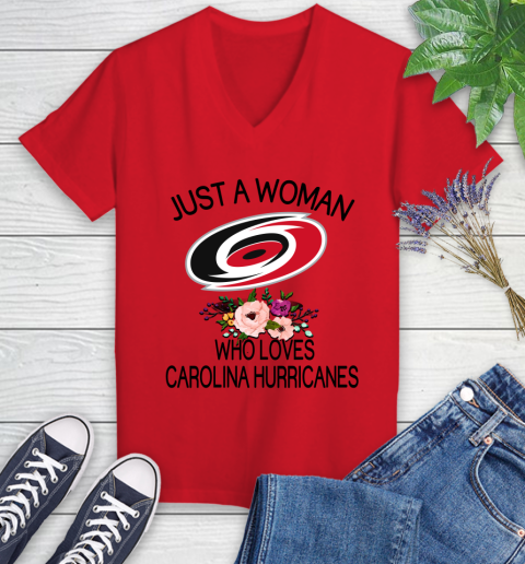 NHL Just A Woman Who Loves Carolina Hurricanes Hockey Sports Women's V-Neck T-Shirt 7