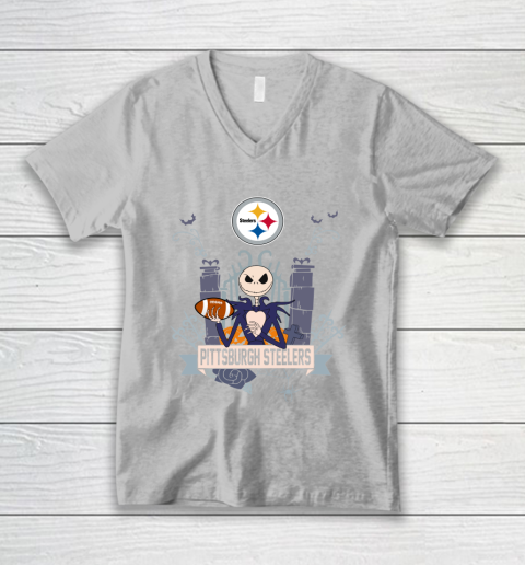 NFL Pittsburgh Steelers Football Jack Skellington Halloween V-Neck T-Shirt 3