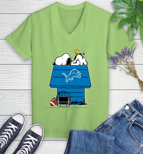 Detroit Lions NFL Football Snoopy Woodstock The Peanuts Movie Women's V-Neck T-Shirt 11