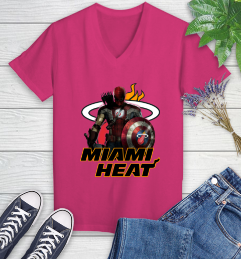 Miami Heat NBA Basketball Captain America Thor Spider Man Hawkeye Avengers Women's V-Neck T-Shirt 9