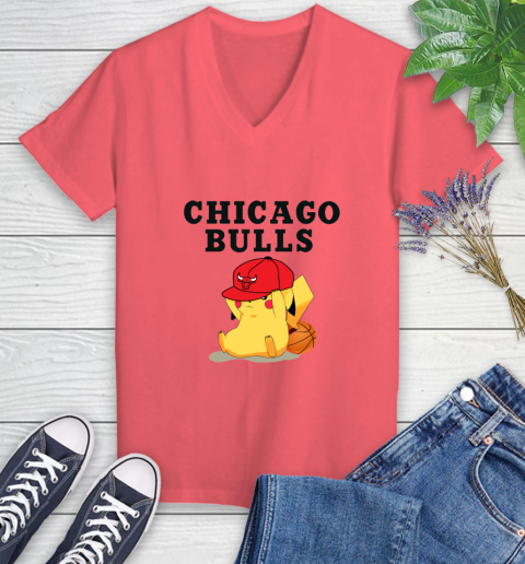 NBA Pikachu Basketball Sports Chicago Bulls Women's V-Neck T-Shirt 6