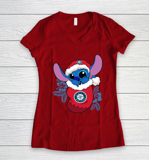 Seattle Mariners Christmas Stitch In The Sock Funny Disney MLB Women's V-Neck T-Shirt 10
