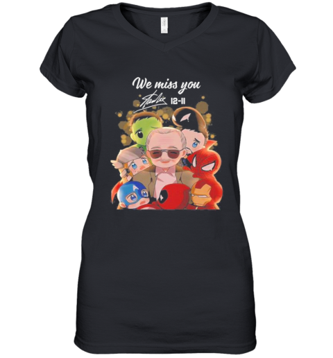 We Miss You Stan Lee 12 11 Marvel Heroes Chibi Signature Women's V-Neck T-Shirt