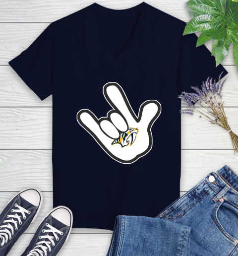 Nashville Predators NHL Hockey Mickey Rock Hand Disney Women's V-Neck T-Shirt 3