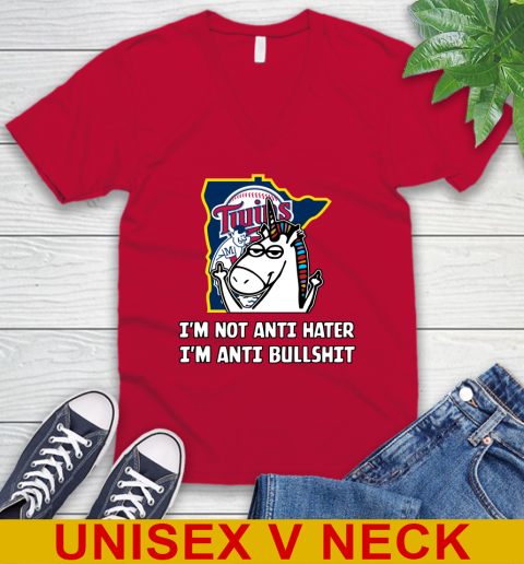 Minnesota Twins MLB Baseball Unicorn I'm Not Anti Hater I'm Anti Bullshit V-Neck T-Shirt 7