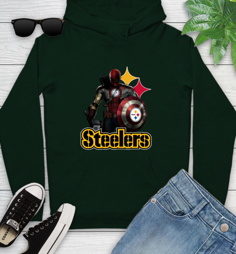 NFL Captain America Thor Spider Man Hawkeye Avengers Endgame Football Pittsburgh Steelers Youth Hoodie 13