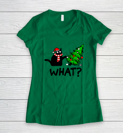 Funny Black Cat Gift Pushing Christmas Tree Over Cat What Women's V-Neck T-Shirt 3