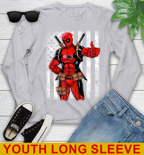 NFL Football New England Patriots Deadpool American Flag Shirt Youth Long Sleeve 5