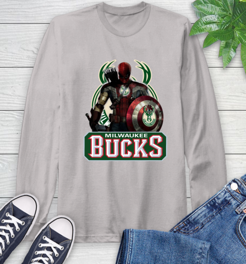 Milwaukee Bucks NBA Basketball Captain America Thor Spider Man Hawkeye Avengers Long Sleeve T-Shirt 12