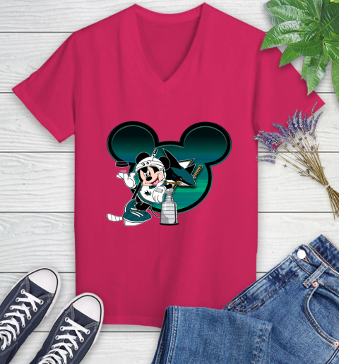 NHL San Jose Sharks Stanley Cup Mickey Mouse Disney Hockey T Shirt Women's V-Neck T-Shirt 9