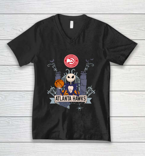 NBA Atlanta Hawks Basketball Jack Skellington Halloween V-Neck T-Shirt