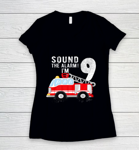 Kids Firefighter 9th Birthday Boy 9 Year Old Fire Truck Women's V-Neck T-Shirt
