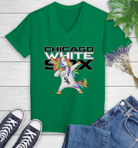 Chicago White Sox MLB Baseball Funny Unicorn Dabbing Sports Women's V-Neck T-Shirt 5