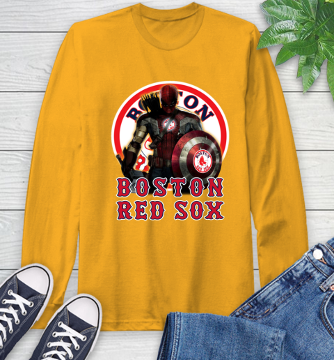 MLB Captain America Thor Spider Man Hawkeye Avengers Endgame Baseball Boston Red Sox Long Sleeve T-Shirt 3