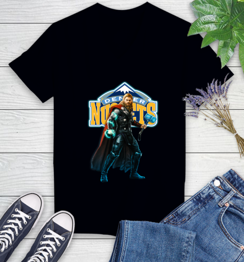 NBA Thor Avengers Endgame Basketball Denver Nuggets Women's V-Neck T-Shirt 2