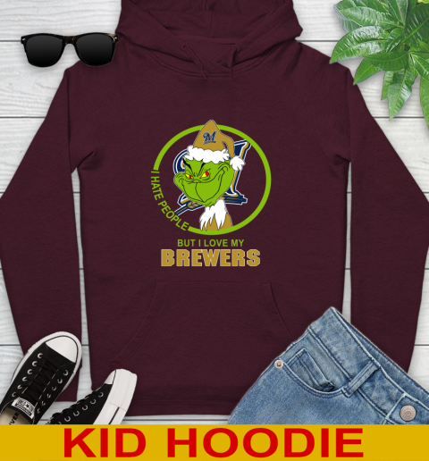 Milwaukee Brewers MLB Christmas Grinch I Hate People But I Love My Favorite Baseball Team Youth Hoodie 7