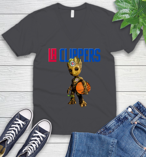LA Clippers NBA Basketball Groot Marvel Guardians Of The Galaxy V-Neck T-Shirt 5