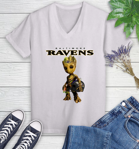 Baltimore Ravens NFL Football Groot Marvel Guardians Of The Galaxy Women's V-Neck T-Shirt