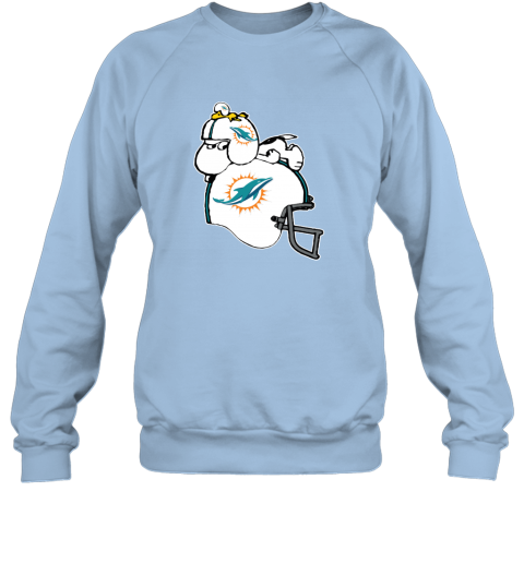 qj0t snoopy and woodstock resting on minami dolphins helmet sweatshirt 35 front light blue