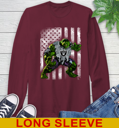 Oakland Raiders Hulk Marvel Avengers NFL Football American Flag Long Sleeve T-Shirt 7