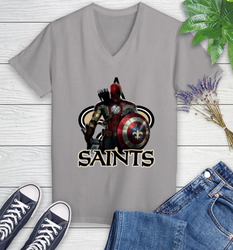 NFL Captain America Thor Spider Man Hawkeye Avengers Endgame Football New Orleans Saints Women's V-Neck T-Shirt 4