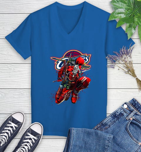 NBA Deadpool Marvel Comics Sports Basketball Cleveland Cavaliers Women's V-Neck T-Shirt 10