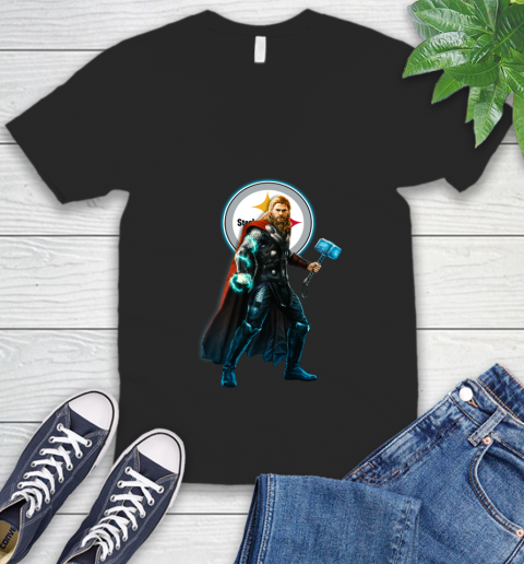 NFL Thor Avengers Endgame Football Pittsburgh Steelers V-Neck T-Shirt 2