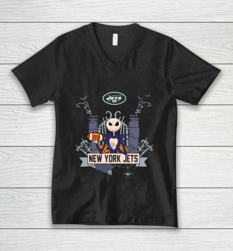 NFL New York Jets Football Jack Skellington Halloween V-Neck T-Shirt