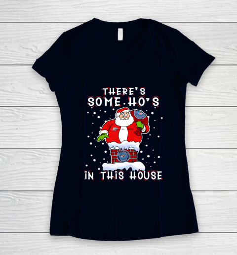Oklahoma City Thunder Christmas There Is Some Hos In This House Santa Stuck In The Chimney NBA Women's V-Neck T-Shirt 2