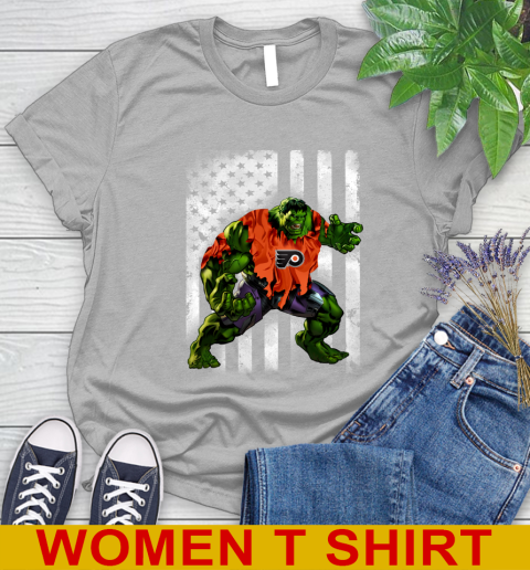 Philadelphia Flyers Hulk Marvel Avengers NHL Hockey American Flag Women's T-Shirt 5