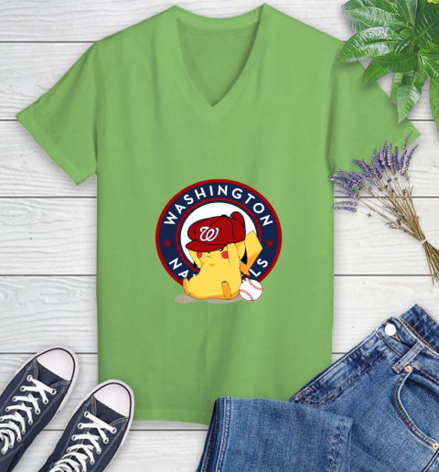 MLB Pikachu Baseball Sports Washington Nationals Women's V-Neck T-Shirt 11