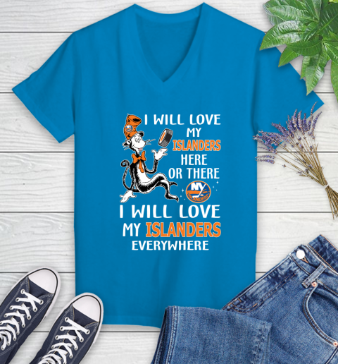 NHL Hockey New York Islanders I Will Love My Islanders Everywhere Dr Seuss Shirt Women's V-Neck T-Shirt 5