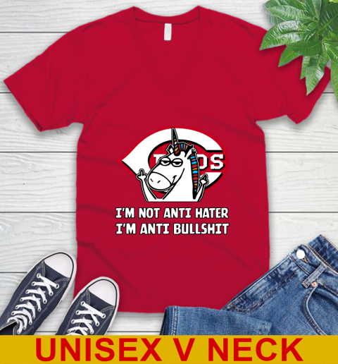 Cincinnati Reds MLB Baseball Unicorn I'm Not Anti Hater I'm Anti Bullshit V-Neck T-Shirt 7