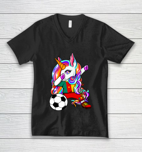 Dabbing Unicorn Cameroon Soccer Fans Jersey Flag Football V-Neck T-Shirt