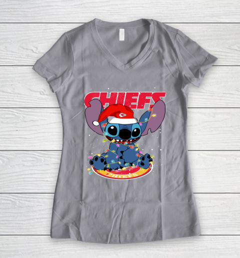 Kansas City Chiefs NFL Football noel stitch Christmas Women's V-Neck T-Shirt 2